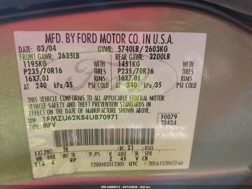 2004 Ford Explorer Xls VIN: 1FMZU62K84UB70971 Lot: 44866312