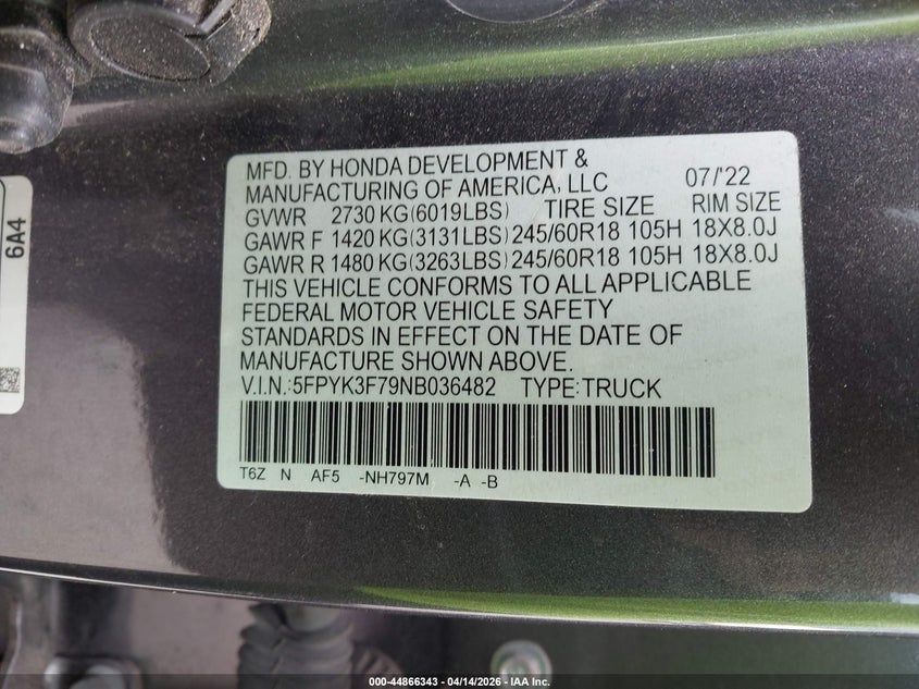 2022 Honda Ridgeline Rtl-E VIN: 5FPYK3F79NB036482 Lot: 44866343