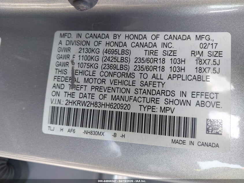 2017 Honda Cr-V Ex-L/Ex-L Navi VIN: 2HKRW2H83HH620920 Lot: 44866347