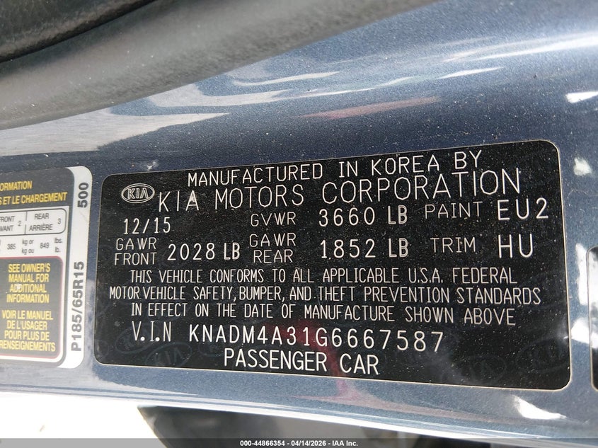 2016 Kia Rio Lx VIN: KNADM4A31G6667587 Lot: 44866354