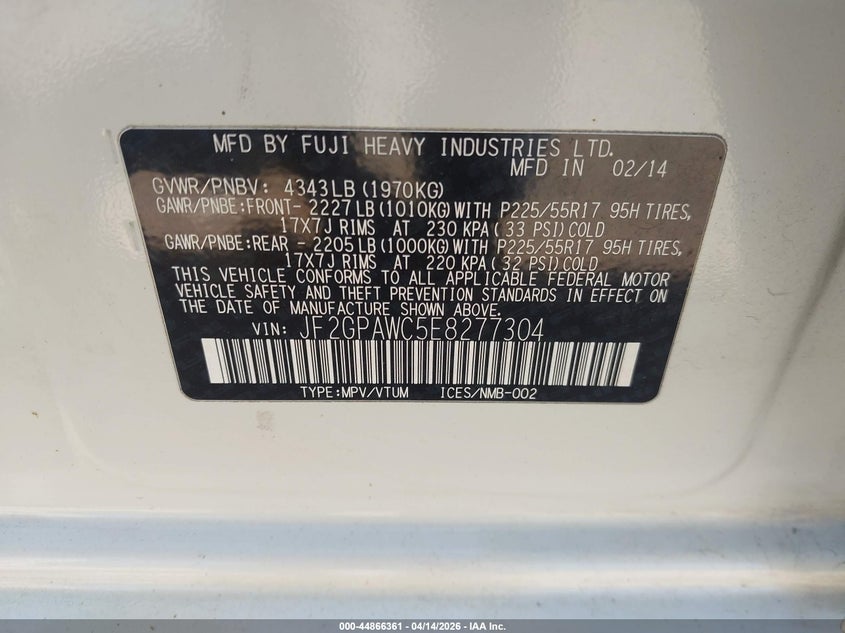 2014 Subaru Xv Crosstrek 2.0I Premium VIN: JF2GPAWC5E8277304 Lot: 44866361