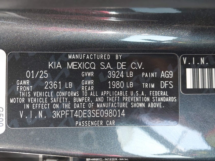 2025 Kia K4 2.0 Lxs grey Lot 111044866371 Vin 3KPFT4DE3SE098014
