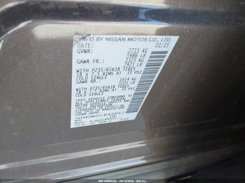2015 Nissan Pathfinder Sv VIN: 5N1AR2MN5FC642017 Lot: 44866382