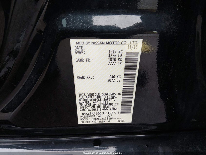 2016 Nissan Altima 2.5 S VIN: 1N4AL3AP5GC126393 Lot: 44866386