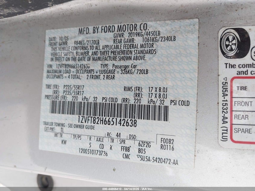 2006 Ford Mustang Gt VIN: 1ZVFT82H665142638 Lot: 44866410