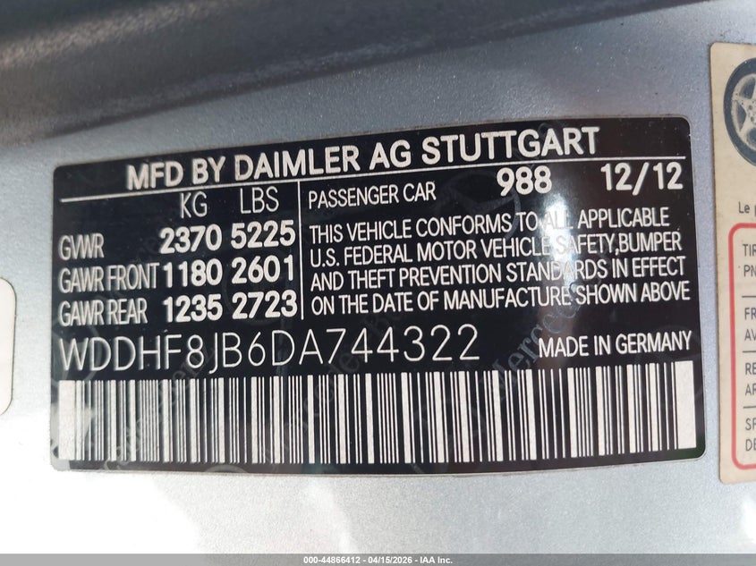 2013 Mercedes-Benz E 350 4Matic VIN: WDDHF8JB6DA744322 Lot: 44866412