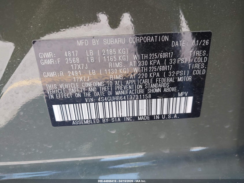 2026 Subaru Crosstrek VIN: 4S4GUHB64T3731158 Lot: 44866416