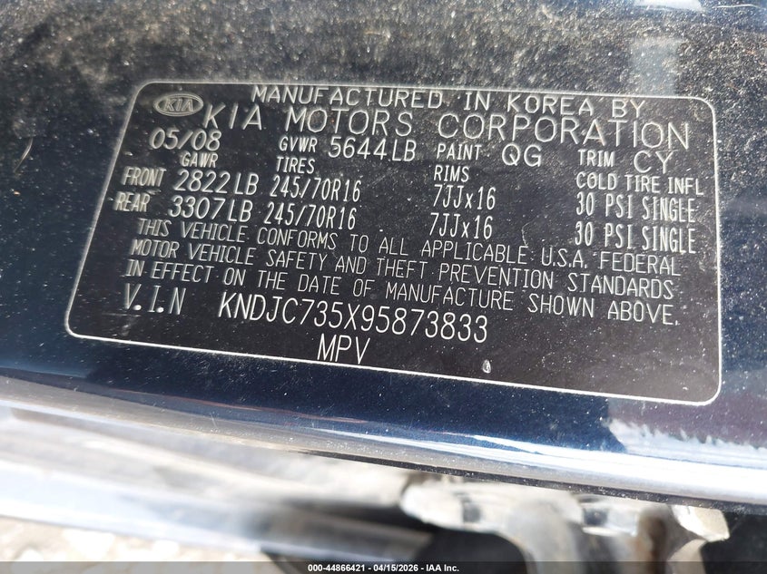 2009 Kia Sorento Lx VIN: KNDJC735X95873833 Lot: 44866421