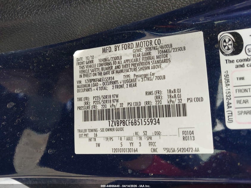 2011 Ford Mustang Gt VIN: 1ZVBP8CF6B5155934 Lot: 44866448