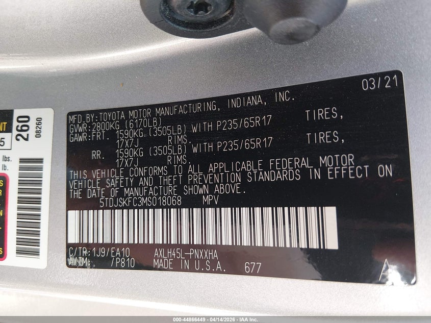 2021 Toyota Sienna Xle VIN: 5TDJSKFC3MS018068 Lot: 44866449