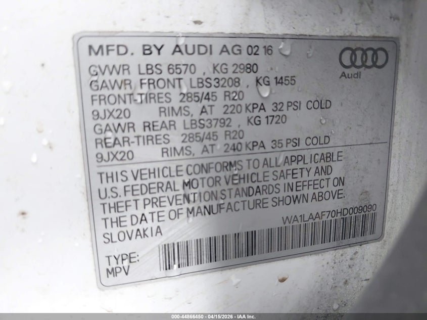 2017 Audi Q7 3.0T Premium VIN: WA1LAAF70HD009090 Lot: 44866450