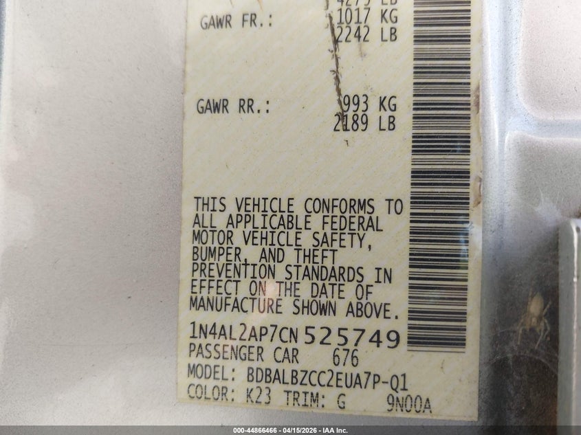 2012 Nissan Altima 2.5 S VIN: 1N4AL2AP7CN525749 Lot: 44866466