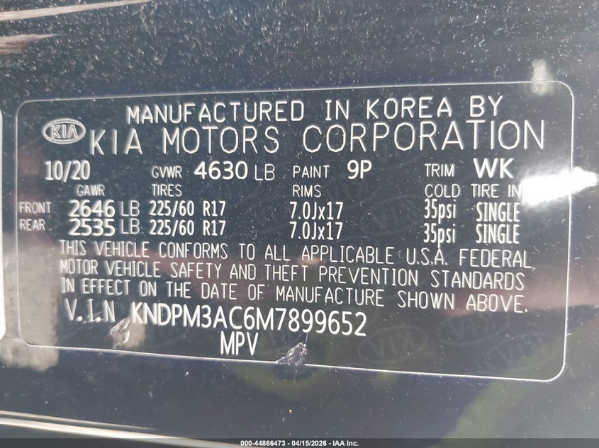 2021 Kia Sportage Lx VIN: KNDPM3AC6M7899652 Lot: 44866473