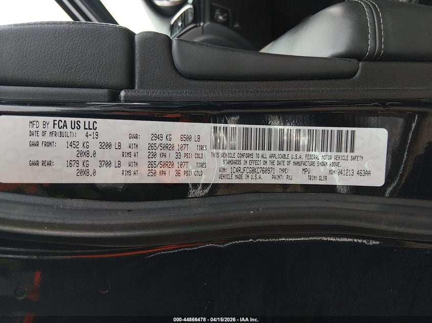 2019 Jeep Grand Cherokee Overland 4X4 VIN: 1C4RJFCG8KC760971 Lot: 44866478