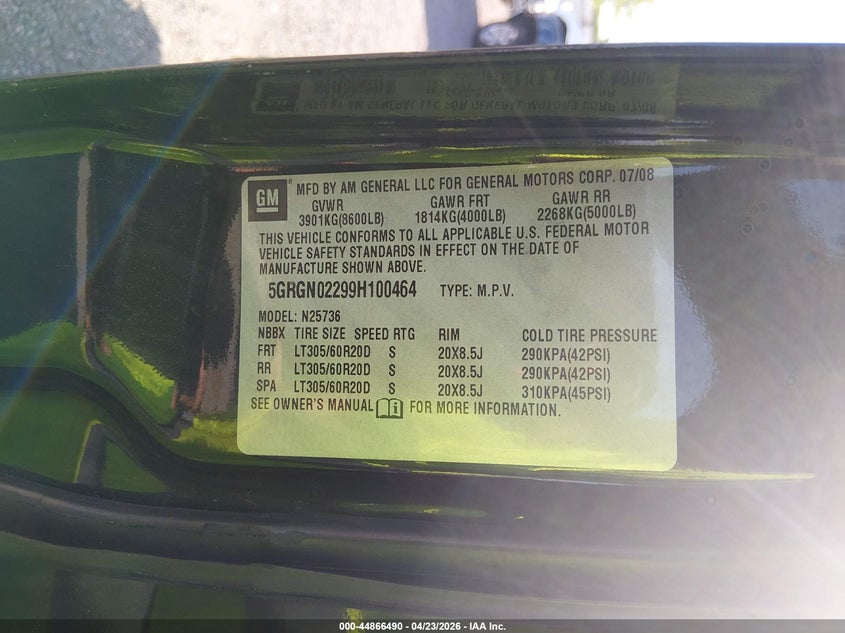 2009 Hummer H2 Sut VIN: 5GRGN02299H100464 Lot: 44866490
