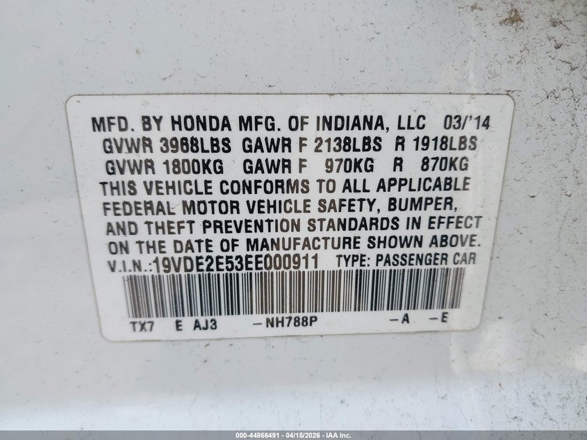 2014 Acura Ilx 2.4L VIN: 19VDE2E53EE000911 Lot: 44866491