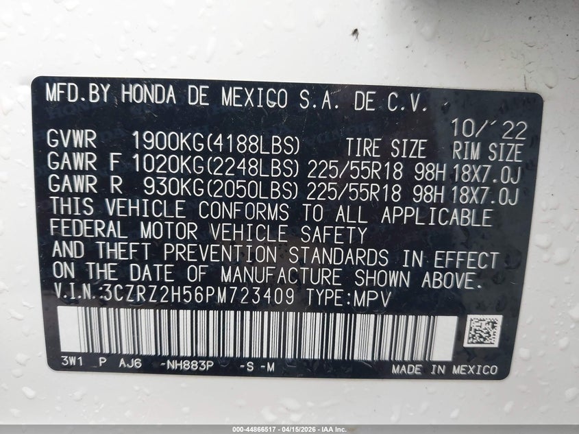 2023 Honda Hr-V Awd Sport VIN: 3CZRZ2H56PM723409 Lot: 44866517