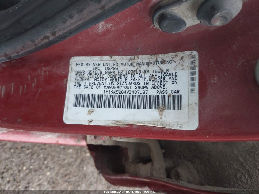 1997 Geo Prizm VIN: 1Y1SK5264VZ407187 Lot: 44866518