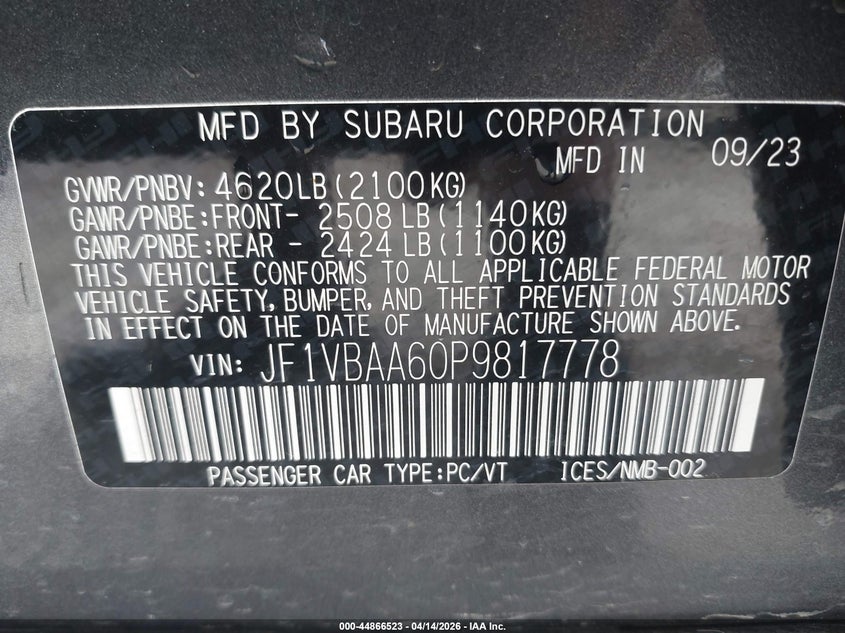 2023 Subaru Wrx VIN: JF1VBAA60P9817778 Lot: 44866523