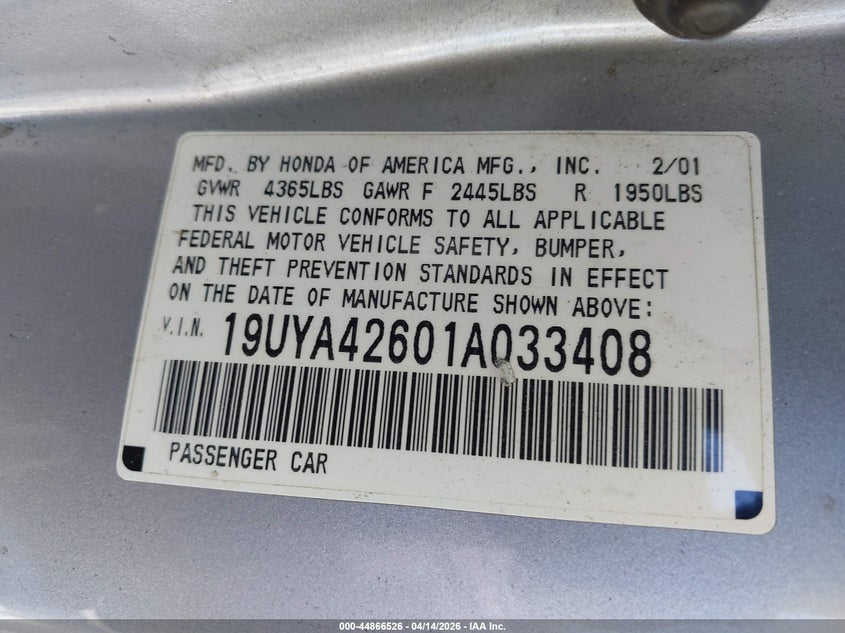 2001 Acura Cl 3.2 Type S VIN: 19UYA42601A033408 Lot: 44866526
