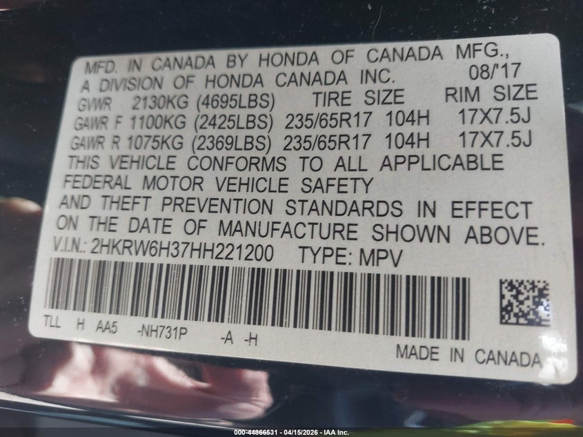 2017 Honda Cr-V Lx VIN: 2HKRW6H37HH221200 Lot: 44866531