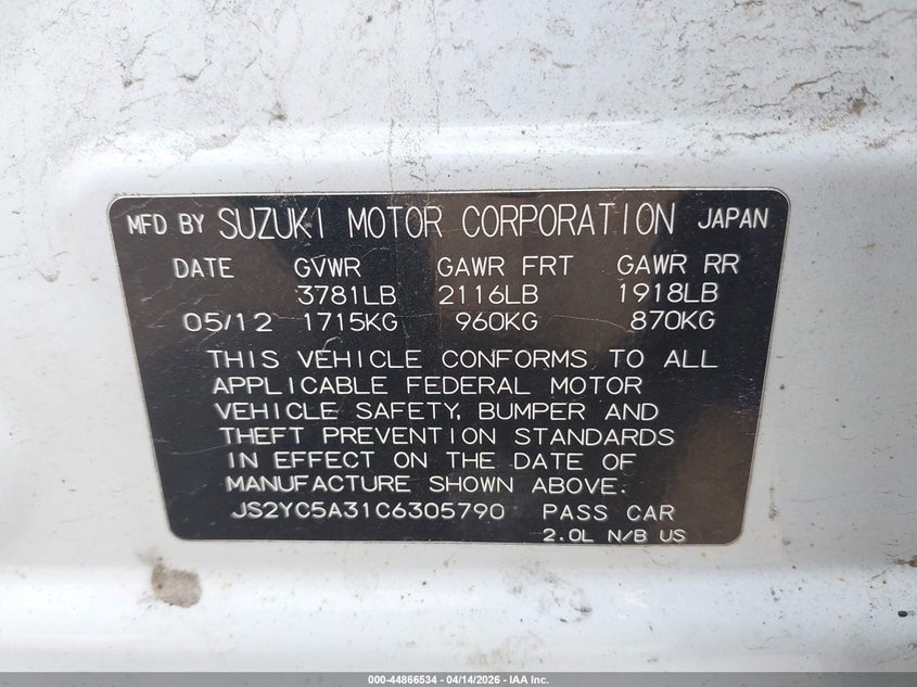 2012 Suzuki Sx4 Le/Le Popular VIN: JS2YC5A31C6305790 Lot: 44866534