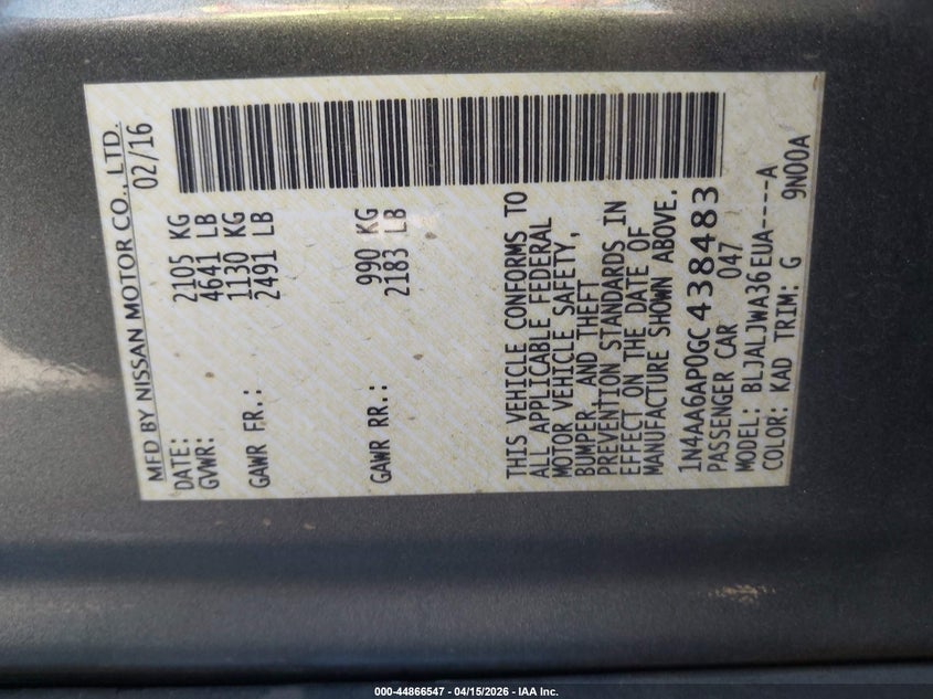 2016 Nissan Maxima 3.5 Sv VIN: 1N4AA6AP0GC438483 Lot: 44866547