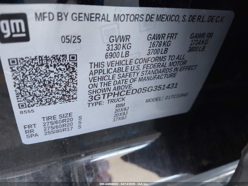 2025 Gmc SIERRA 5.3 1500 2Wd Short Box Elevation black Lot 111044866550 Vin 3GTPHCED0SG351431