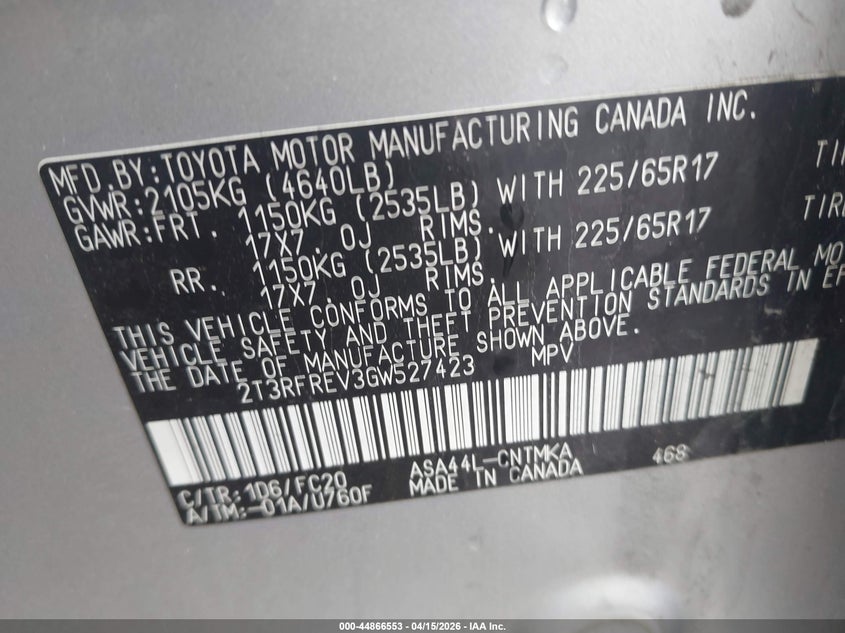 2016 Toyota Rav4 Xle VIN: 2T3RFREV3GW527423 Lot: 44866553