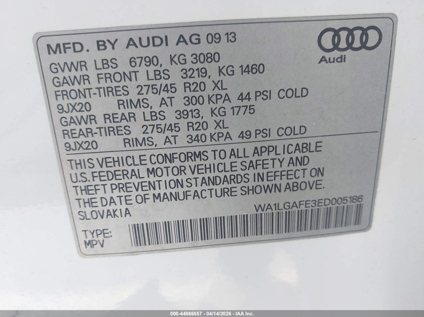 2014 Audi Q7 3.0T Premium VIN: WA1LGAFE3ED005186 Lot: 44866557