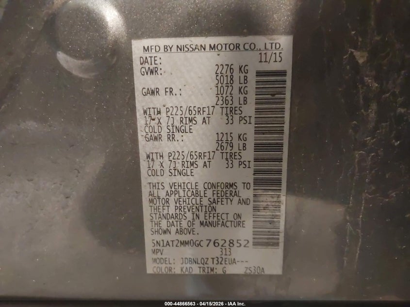 2016 Nissan Rogue Sv VIN: 5N1AT2MM0GC762852 Lot: 44866563