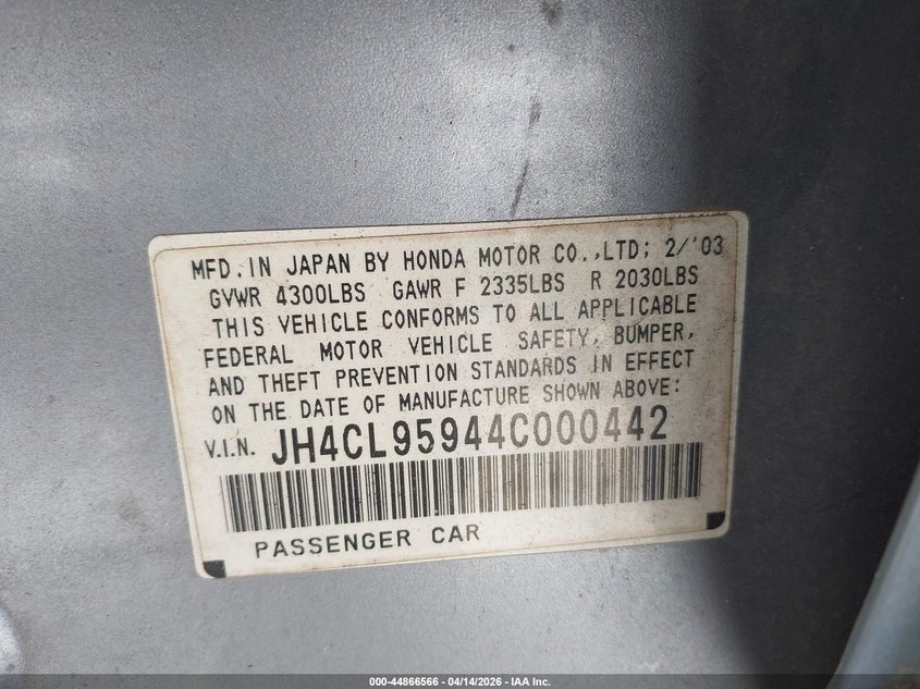 2004 Acura Tsx VIN: JH4CL95944C000442 Lot: 44866566