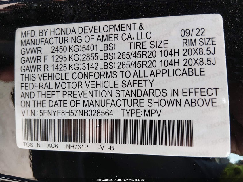 2022 Honda Passport Awd Ex-L VIN: 5FNYF8H57NB028564 Lot: 44866567