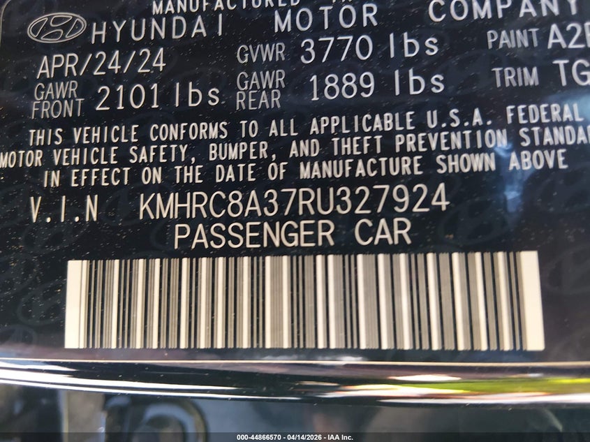 2024 Hyundai Venue Sel VIN: KMHRC8A37RU327924 Lot: 44866570