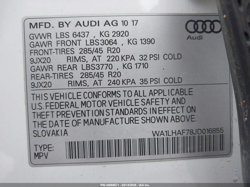 2018 Audi Q7 2.0T Premium VIN: WA1LHAF78JD016855 Lot: 44866571
