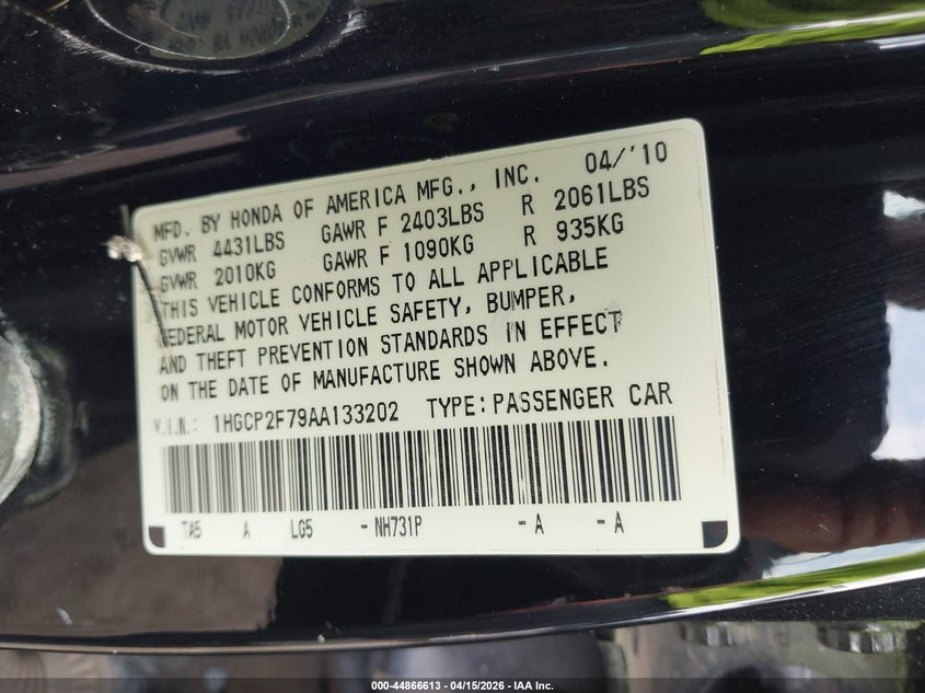 2010 Honda Accord 2.4 Ex VIN: 1HGCP2F79AA133202 Lot: 44866613