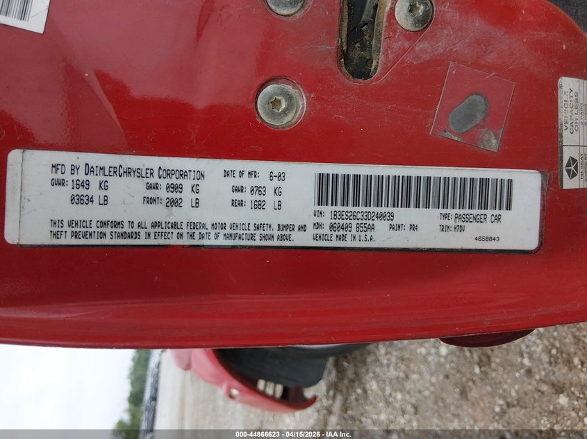 2003 Dodge Neon Se VIN: 1B3ES26C33D240039 Lot: 44866623