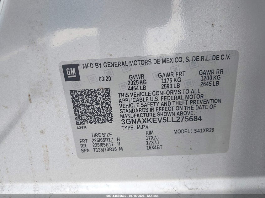 2020 Chevrolet Equinox Fwd Lt 1.5L Turbo VIN: 3GNAXKEV5LL275684 Lot: 44866630