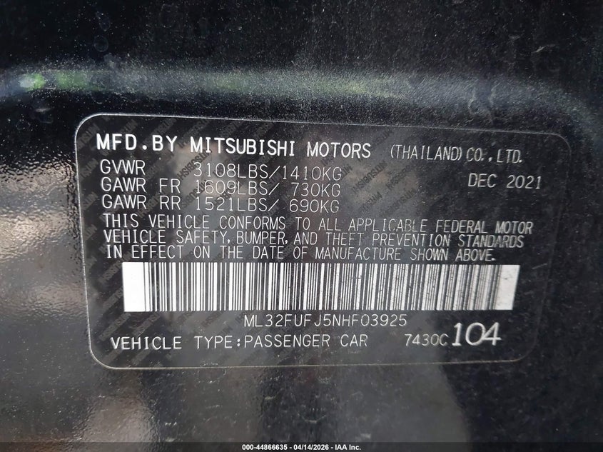 2022 Mitsubishi Mirage G4 Es VIN: ML32FUFJ5NHF03925 Lot: 44866635