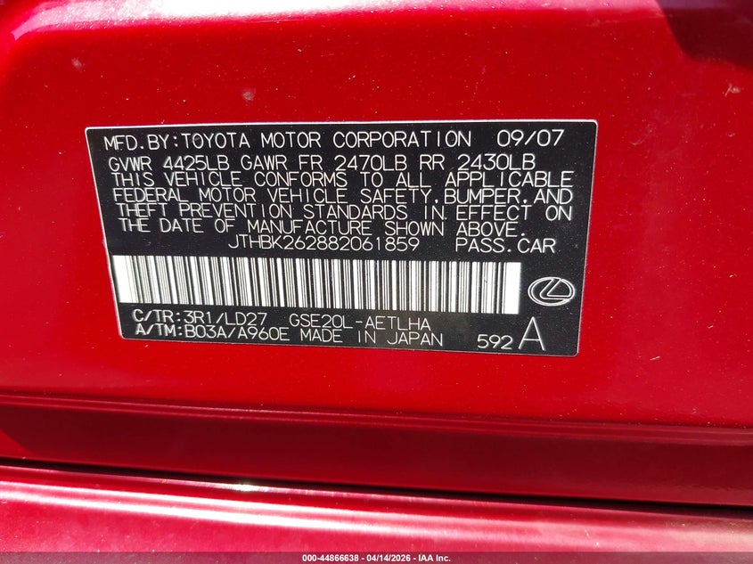 2008 Lexus Is 250 VIN: JTHBK262882061859 Lot: 44866638