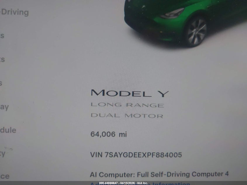 2023 Tesla Model Y Awd/Long Range Dual Motor All-Wheel Drive VIN: 7SAYGDEEXPF884005 Lot: 44866647
