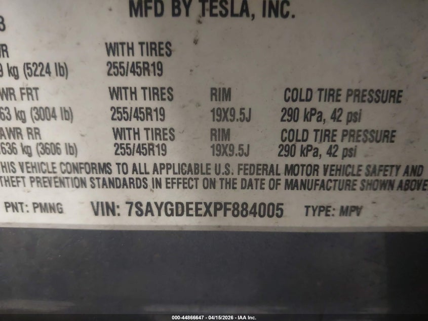 2023 Tesla Model Y Awd/Long Range Dual Motor All-Wheel Drive VIN: 7SAYGDEEXPF884005 Lot: 44866647