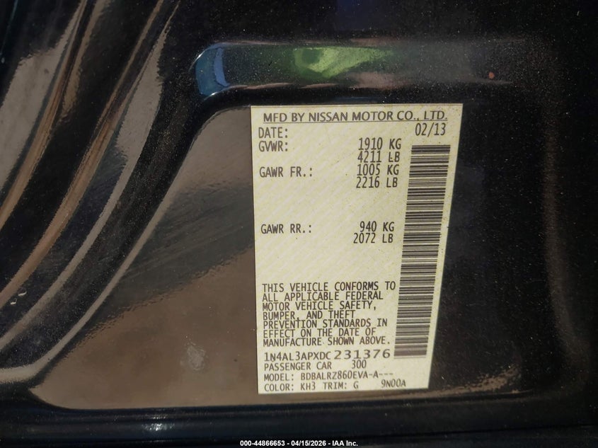 2013 Nissan Altima 2.5 S VIN: 1N4AL3APXDC231376 Lot: 44866653