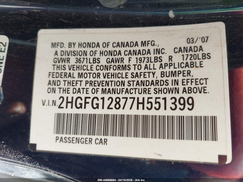 2007 Honda Civic Ex VIN: 2HGFG12877H551399 Lot: 44866664