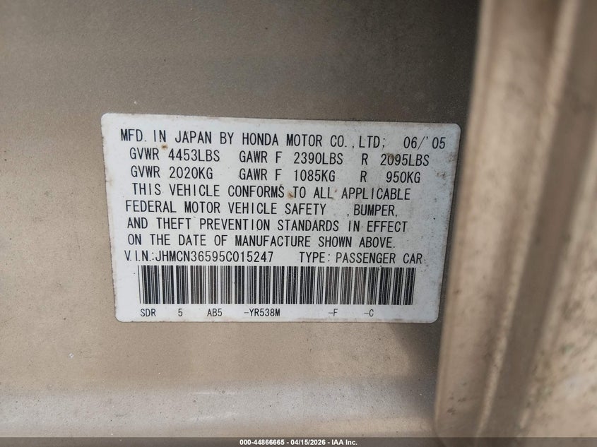 2005 Honda Accord Hybrid Ima VIN: JHMCN36595C015247 Lot: 44866665