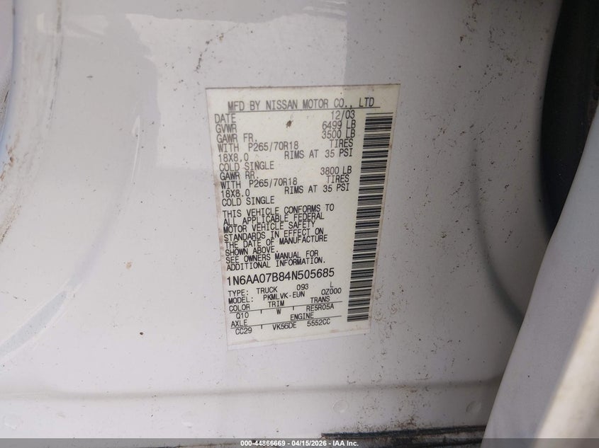 2004 Nissan Titan Le VIN: 1N6AA07B84N505685 Lot: 44866669