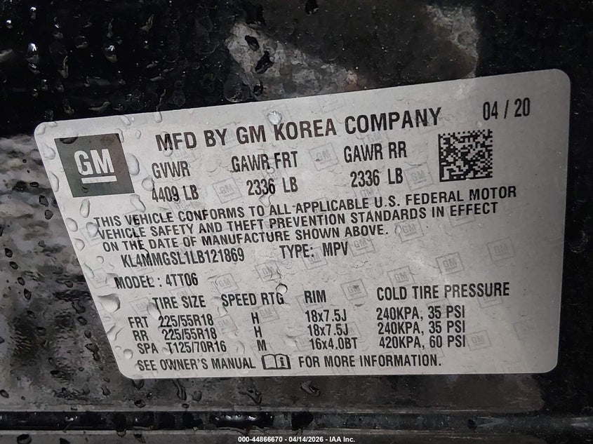 2020 Buick Encore Gx Awd Essence VIN: KL4MMGSL1LB121869 Lot: 44866670