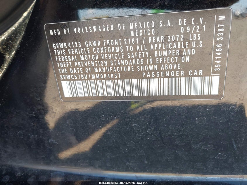 2021 Volkswagen Jetta 1.4T R-Line/1.4T S/1.4T Se VIN: 3VWC57BU1MM084837 Lot: 44866694