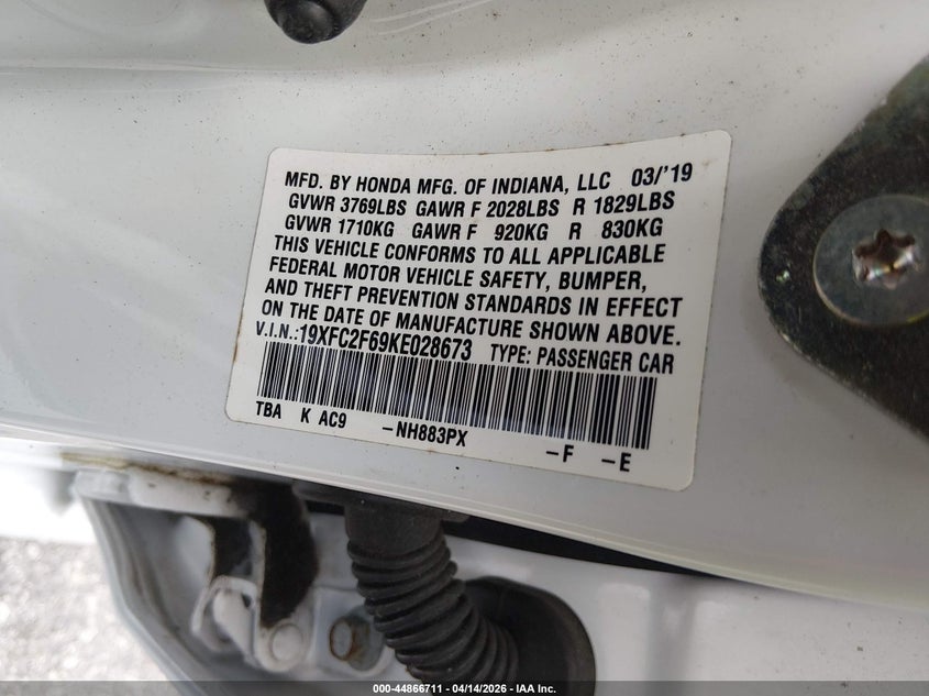 2019 Honda Civic 2.0 Lx white Lot 111044866711 Vin 19XFC2F69KE028673