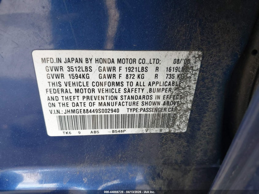 2009 Honda Fit Sport VIN: JHMGE88449S002940 Lot: 44866728